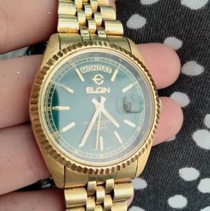 Elgin Dark Emerald Green Tu-Tone Watch